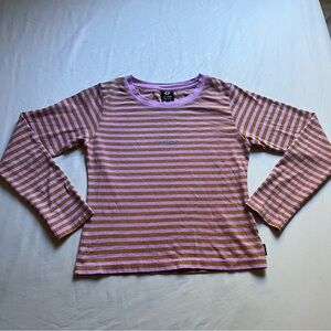 AFENDS pink mustard yellow striped knit logo crew neck long sleeve T-shirt